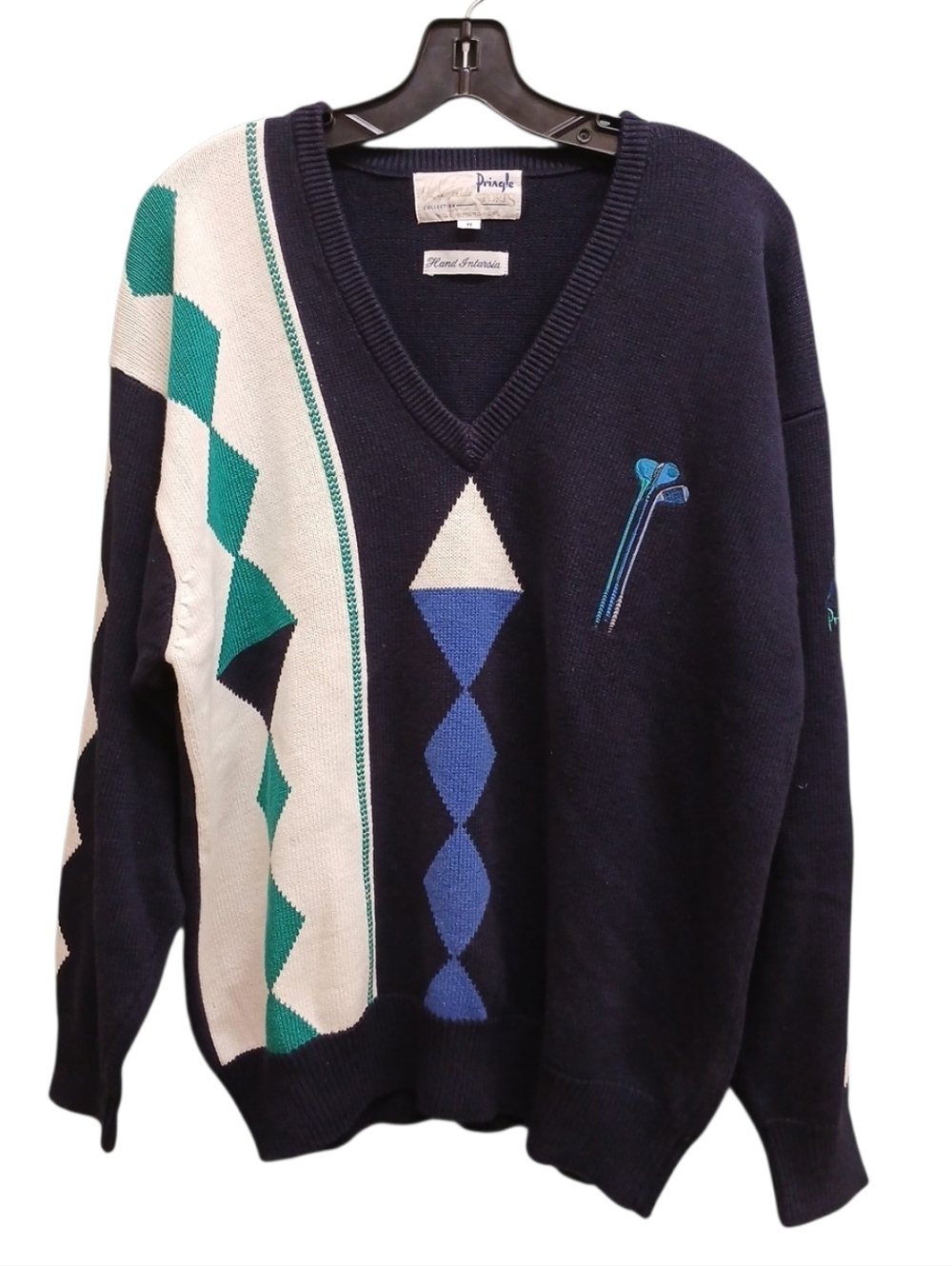 Pringle Vintage Navy V-Neck Sweater Teal & Blue Argyle Golf Club Design Medium